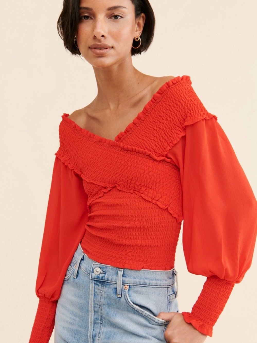 Anthropologie, Steve Madden Smocked Off-Shoulder Long Sleeve Top